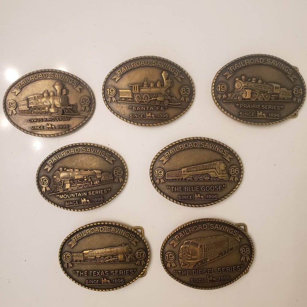 Railroad Savings and Loan Belt Buckle Complete Set 7 Newton Kansas‎ Santa Fe